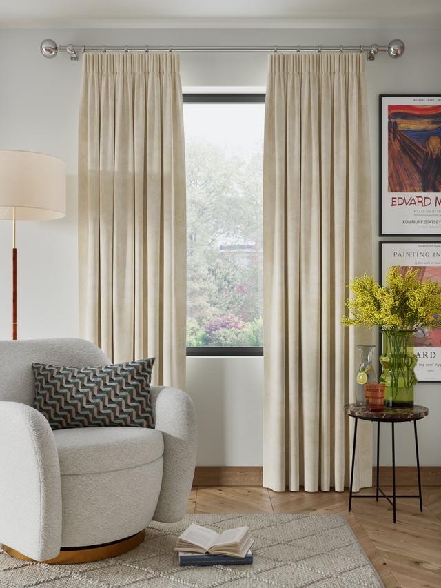 John Lewis Velvet Lined Pencil Pleat Curtains W167 x Drop 228cm - Cream
