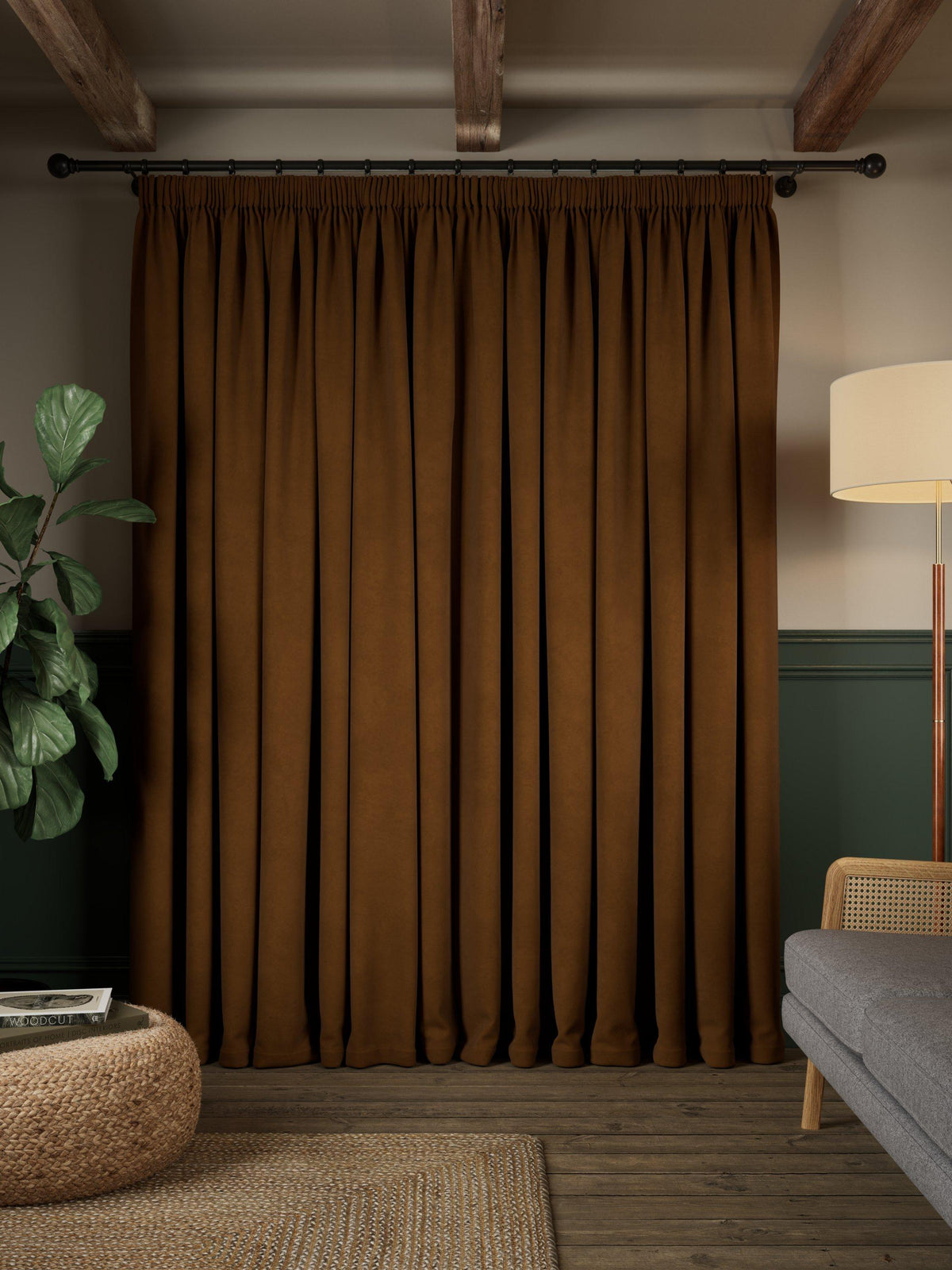 John Lewis Matt Velvet Blackout Pencil Pleat Curtains - 167 x 182cm - Ginger