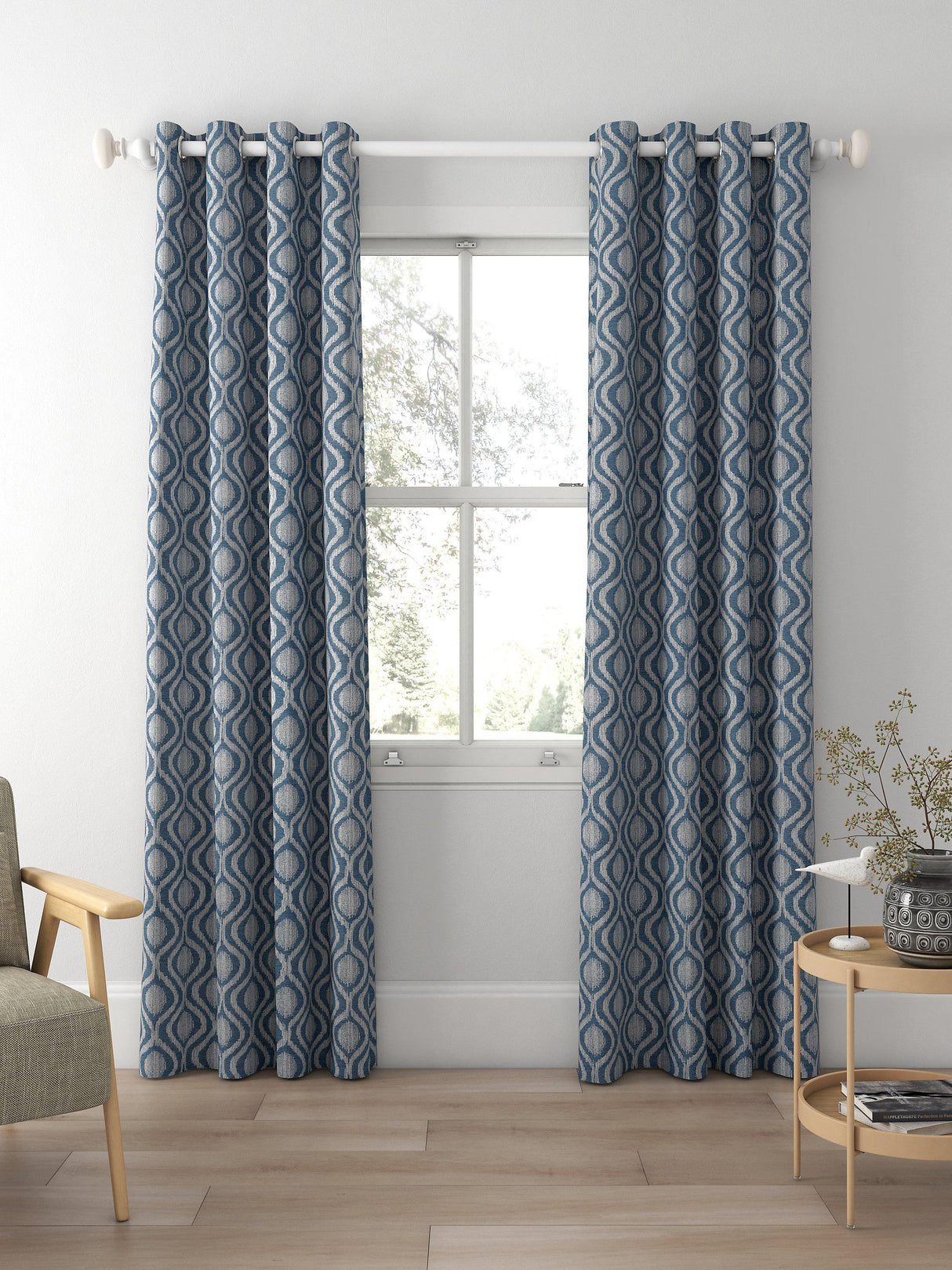 John Lewis Trellis Weave Pair Lined Eyelet Curtains 167 x 182cm - Bluestone