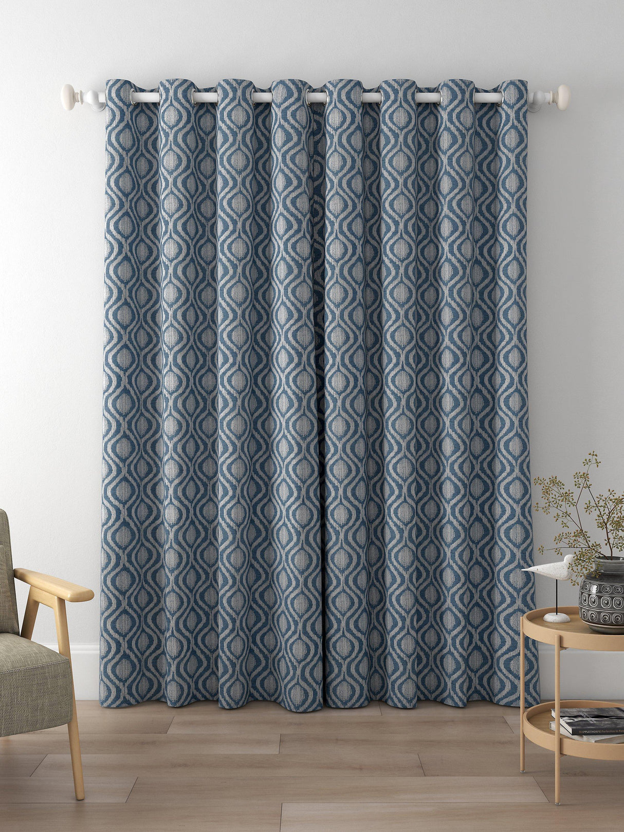 John Lewis Trellis Weave Pair Lined Eyelet Curtains 167 x 182cm - Bluestone