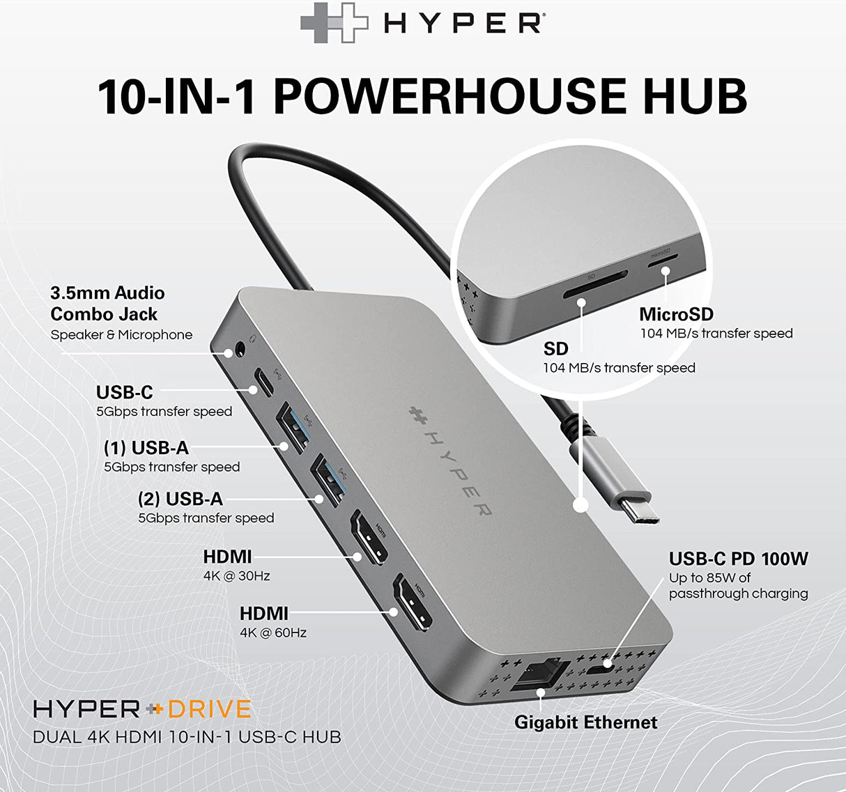 Hyper HyperDrive 10-in-1 Dual HDMI USB-C Hub Adapter - Silver - Kazoop