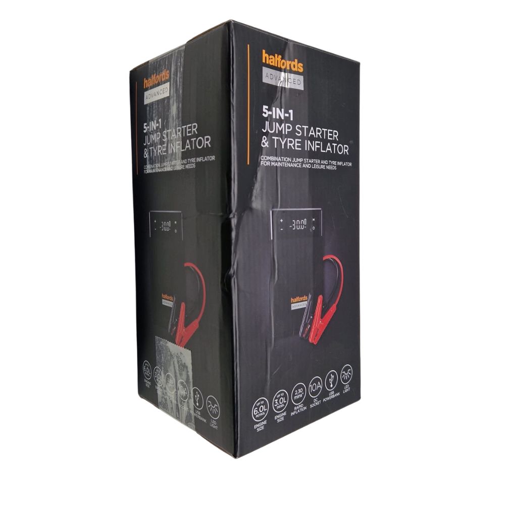 Halfords 5 in 1 Jump Starter Power Bank & Tyre Inflator with LED Light Black
