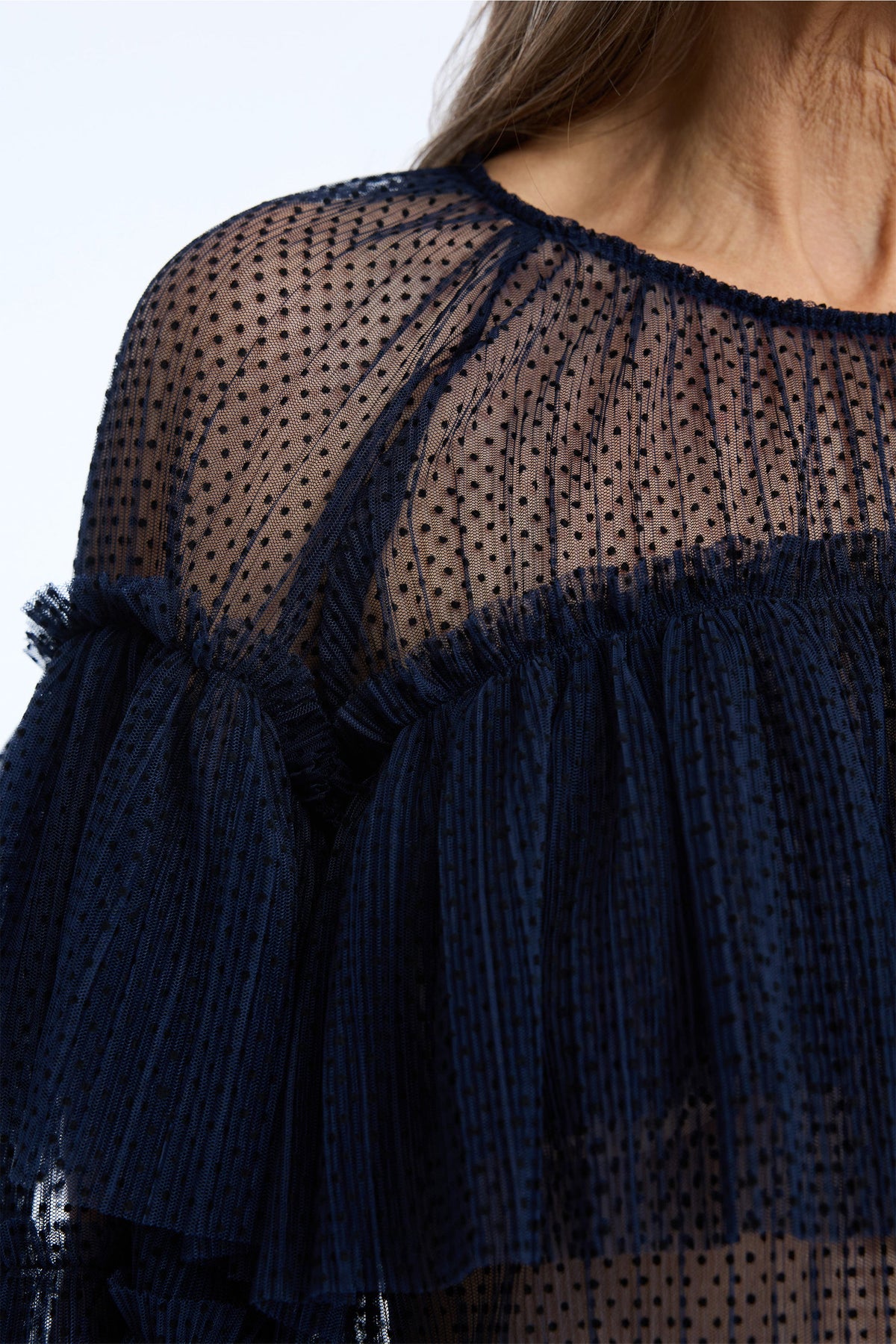 MUNTHE Naria Women's Sheer Dotted Mesh Ruffled Blouse - EU38/UK10 - Navy