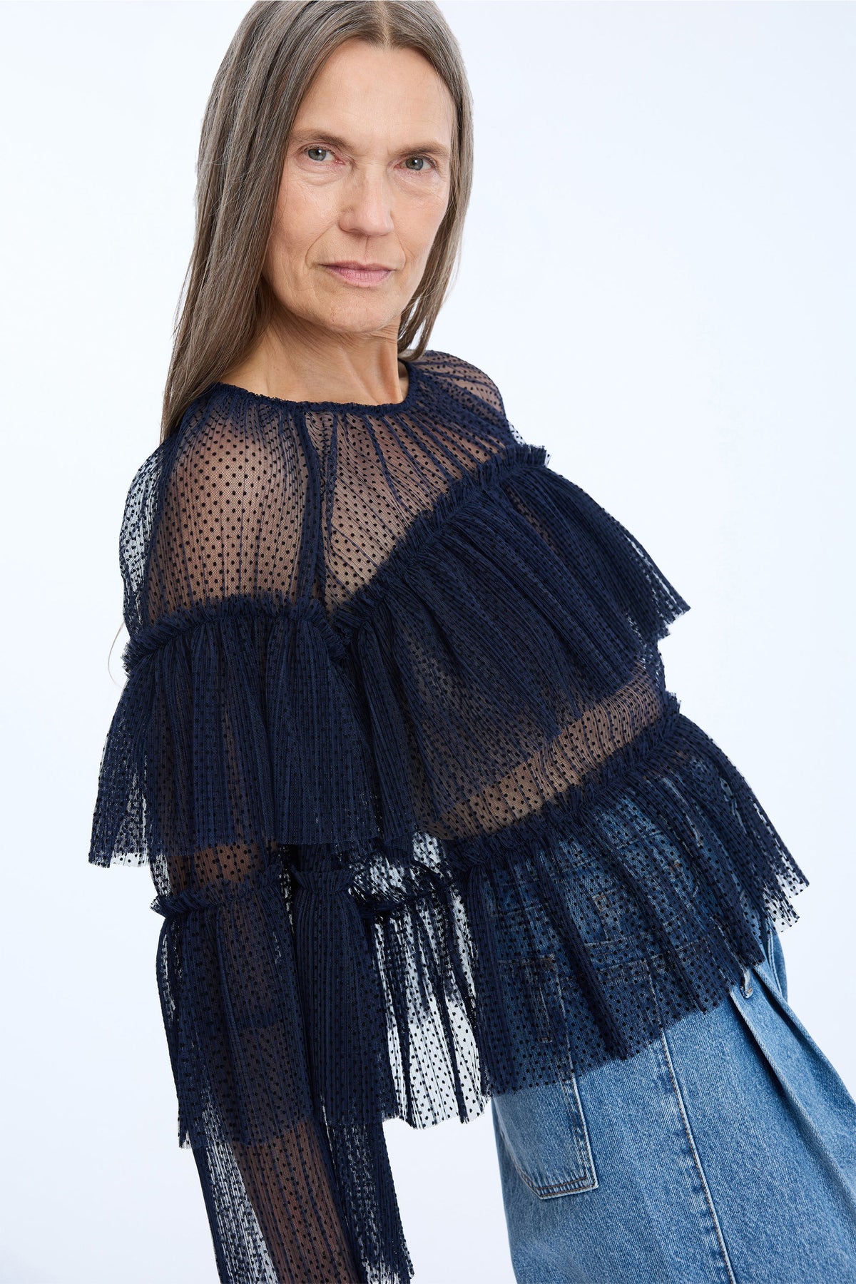 MUNTHE Naria Women's Sheer Dotted Mesh Ruffled Blouse - EU38/UK10 - Navy