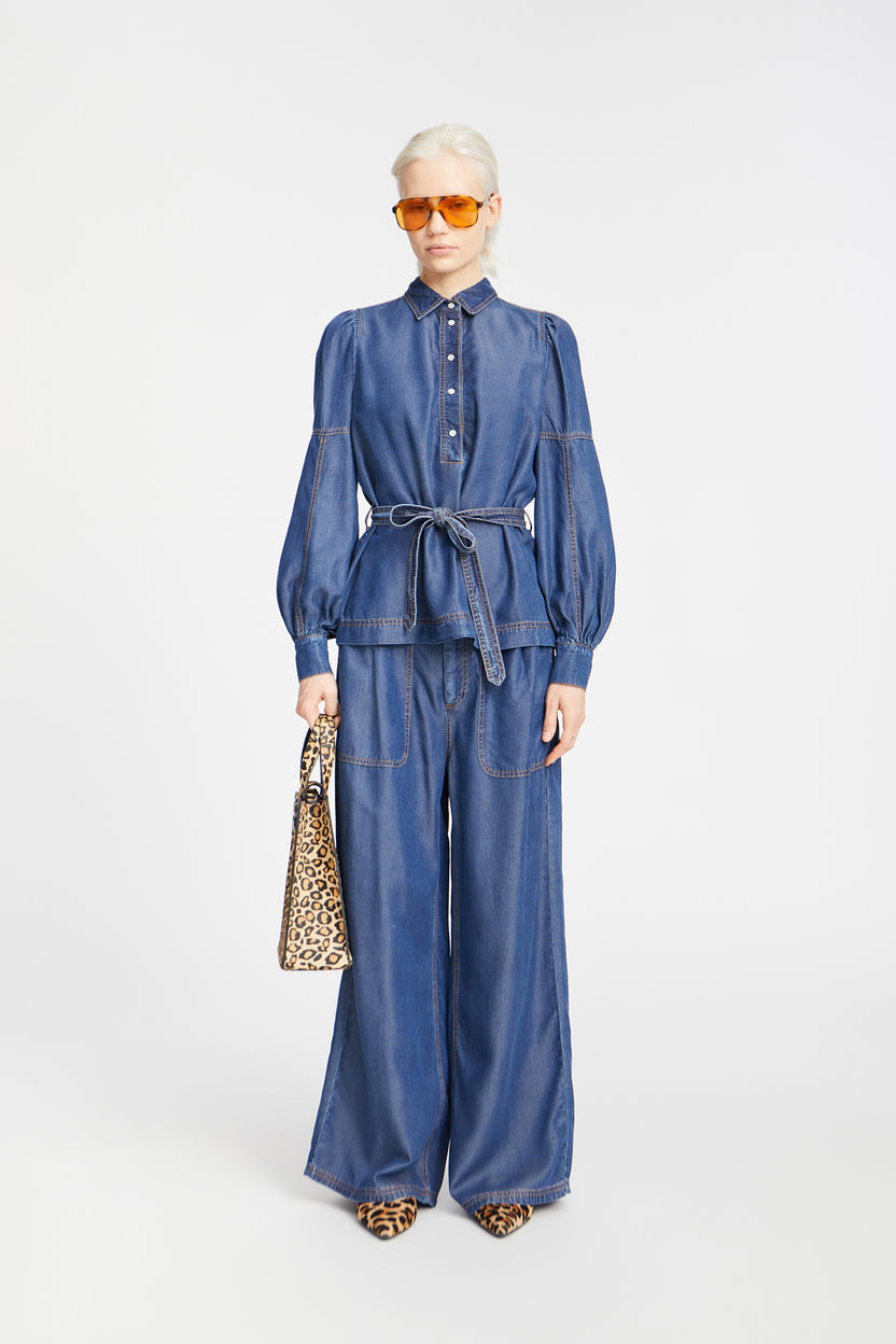 MUNTHE Women's Pikine Balloon Sleeves Tencel Denim Top - Blue - EU 40/UK 12