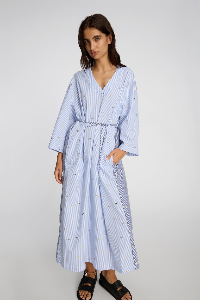 MUNTHE BYRUS Stripes Cotton V-Neck Midi Dress - Blue/White - EU 40/UK 12