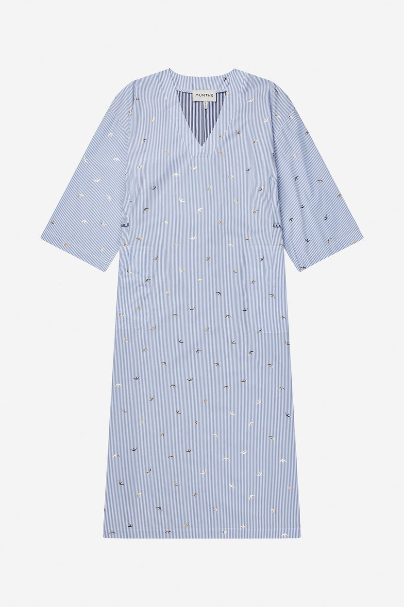 MUNTHE BYRUS Stripes Cotton V-Neck Midi Dress - Blue/White - EU 40/UK 12