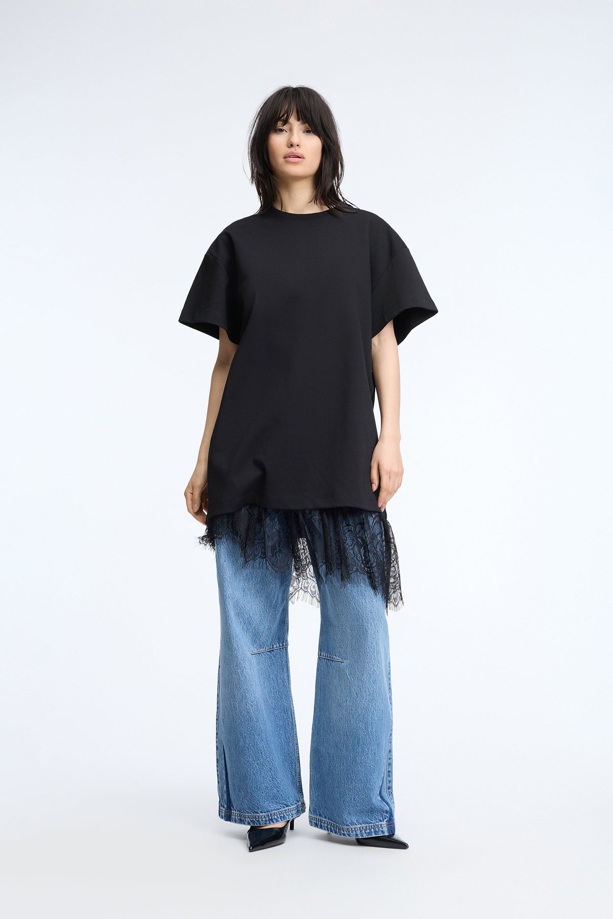 MUNTHE Rosie Short-Sleeved T-shirt Lace Hem Loose Dress - Black EU40/UK12