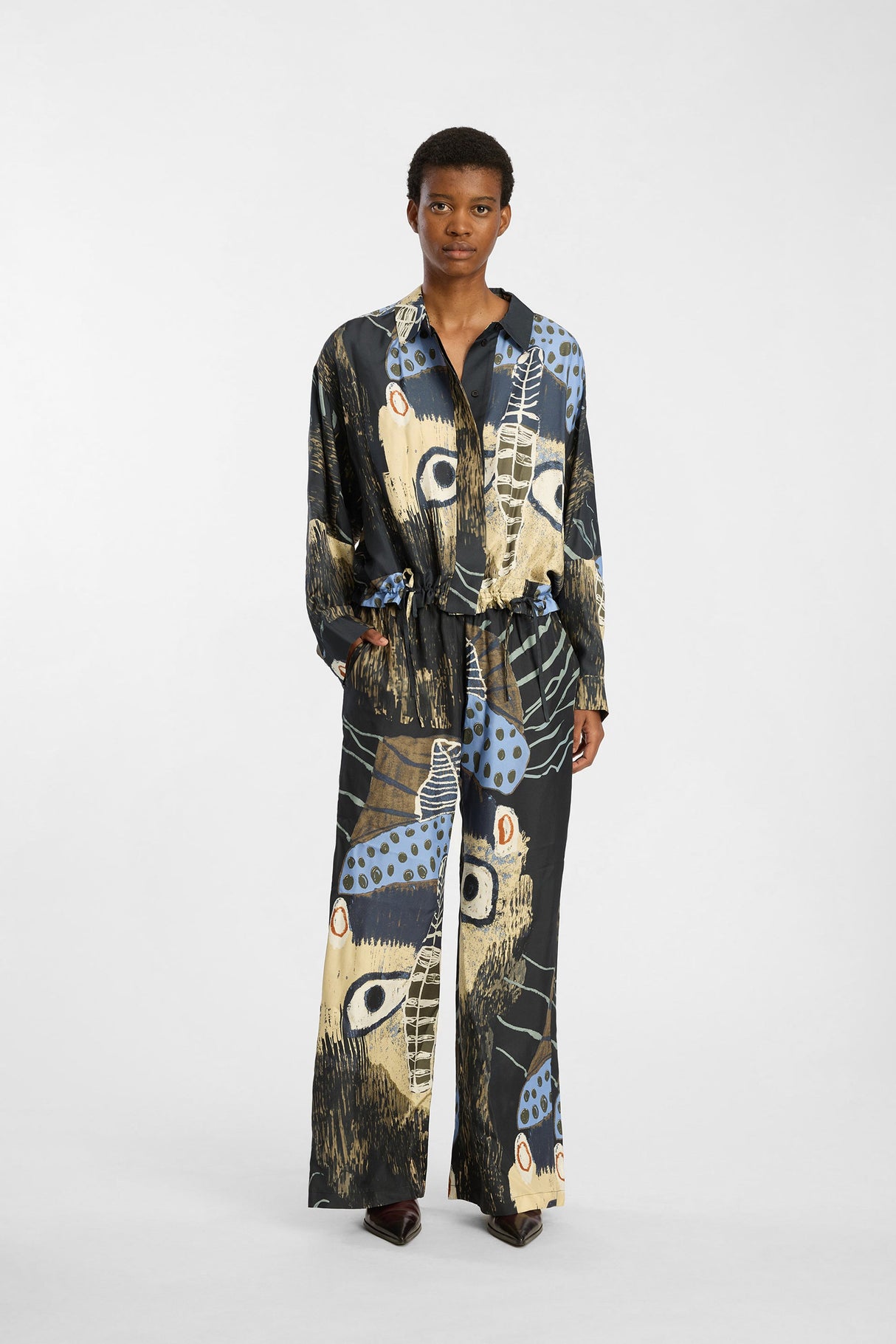 Munthe Women's Straight-Leg Loose Fit Silk Arum Pants Black Print - Size 44