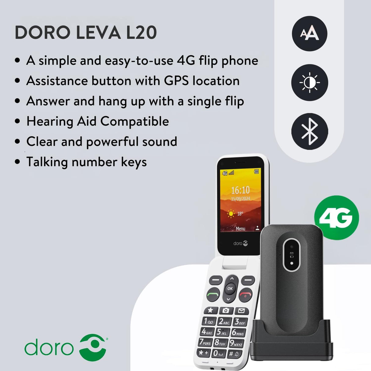 Doro Leva L20 4G Flip Big Button 128MB SIM-Free Mobile Phone - Black/White