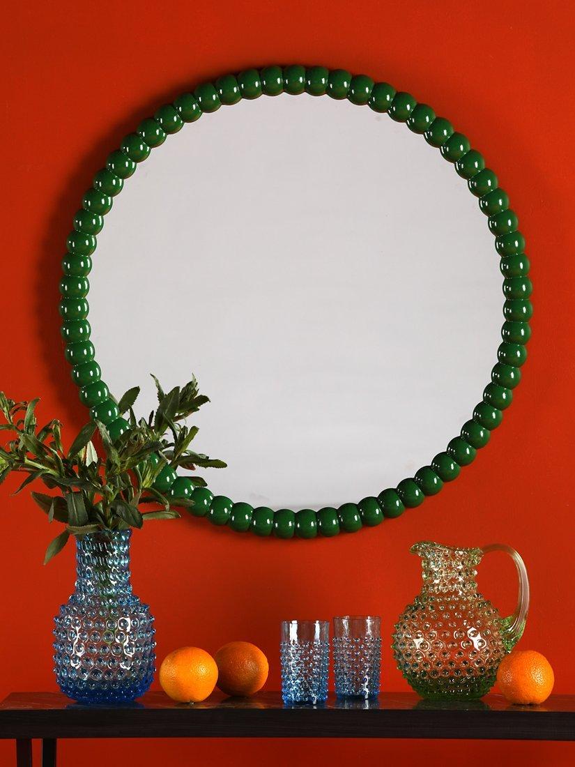 Där Ruan Bobbin Round Wood Frame Decorative Wall Mirror Dia.70cm - Green