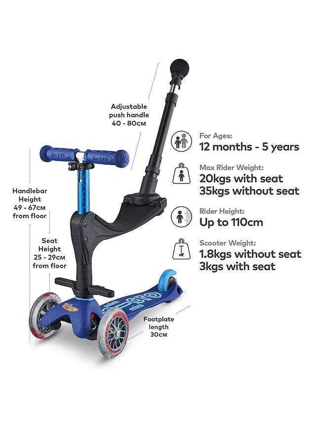 Micro Scooters Mini 3in1 Deluxe Ride On Scooter 1-5 Years Adjustable - Blue - Kazoop