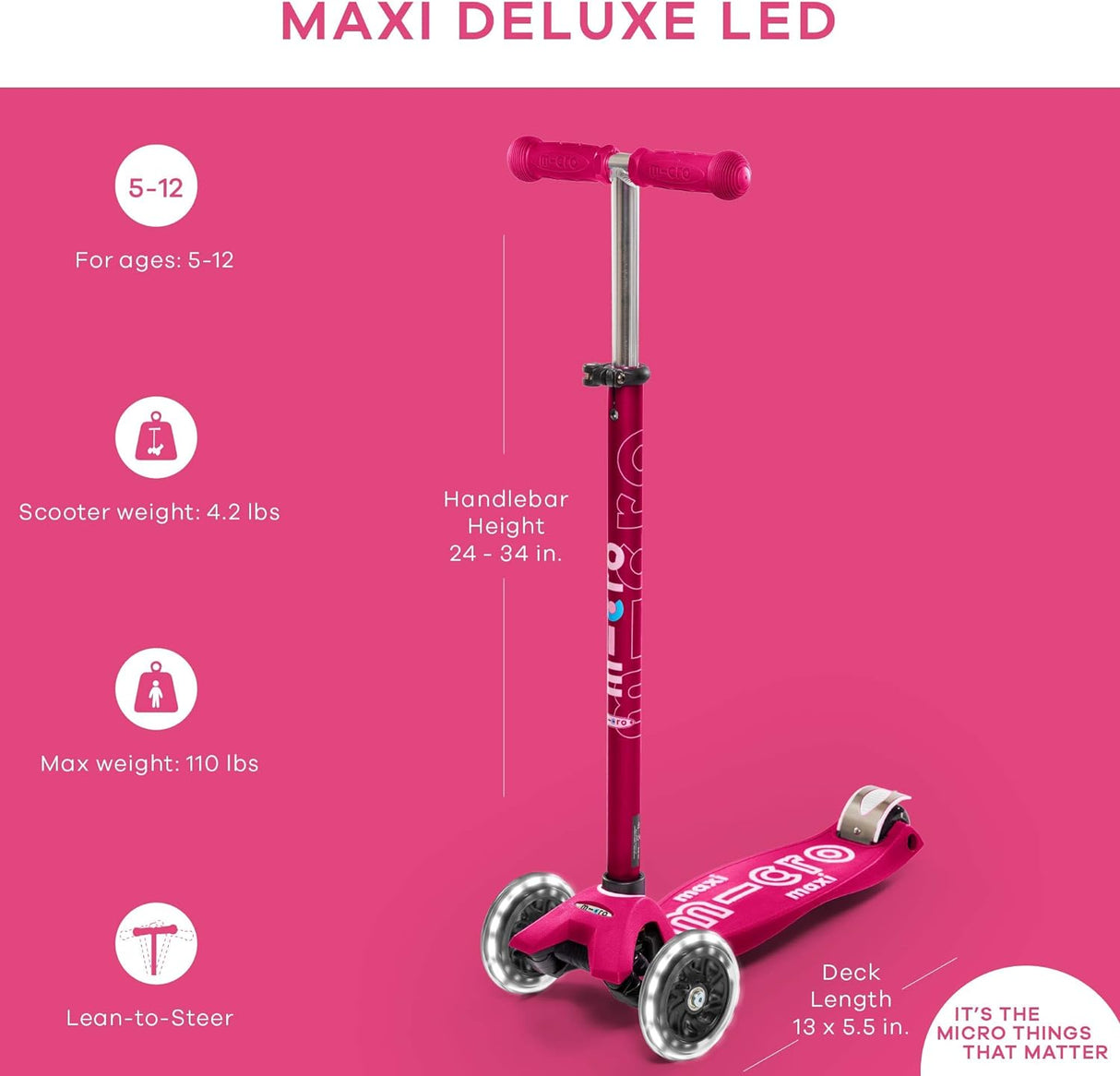 Micro Scooters Maxi Deluxe LED Children's Push Scooter 5-12 Years - Pink - Kazoop