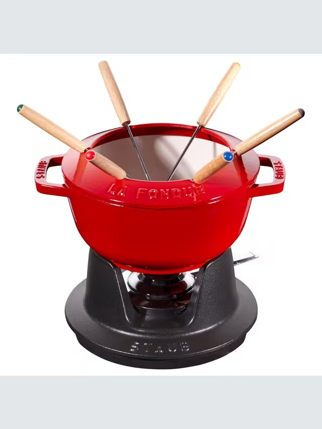 STAUB Cast Iron Oven Safe Cheese Chocolate 18cm Fondue Set - Cherry Red