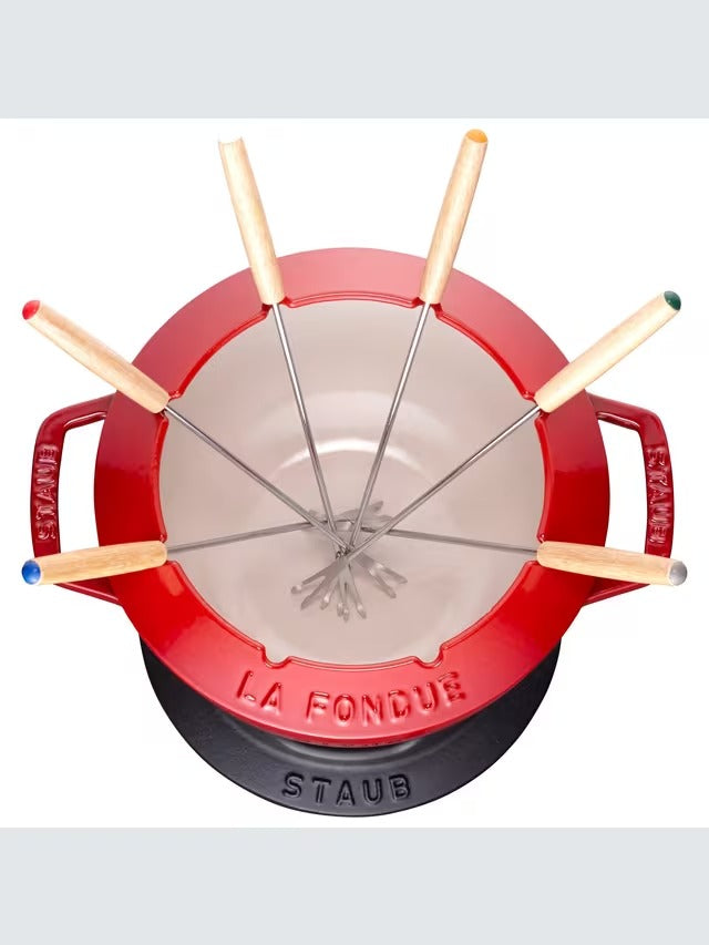 STAUB Cast Iron Oven Safe Cheese Chocolate 18cm Fondue Set - Cherry Red