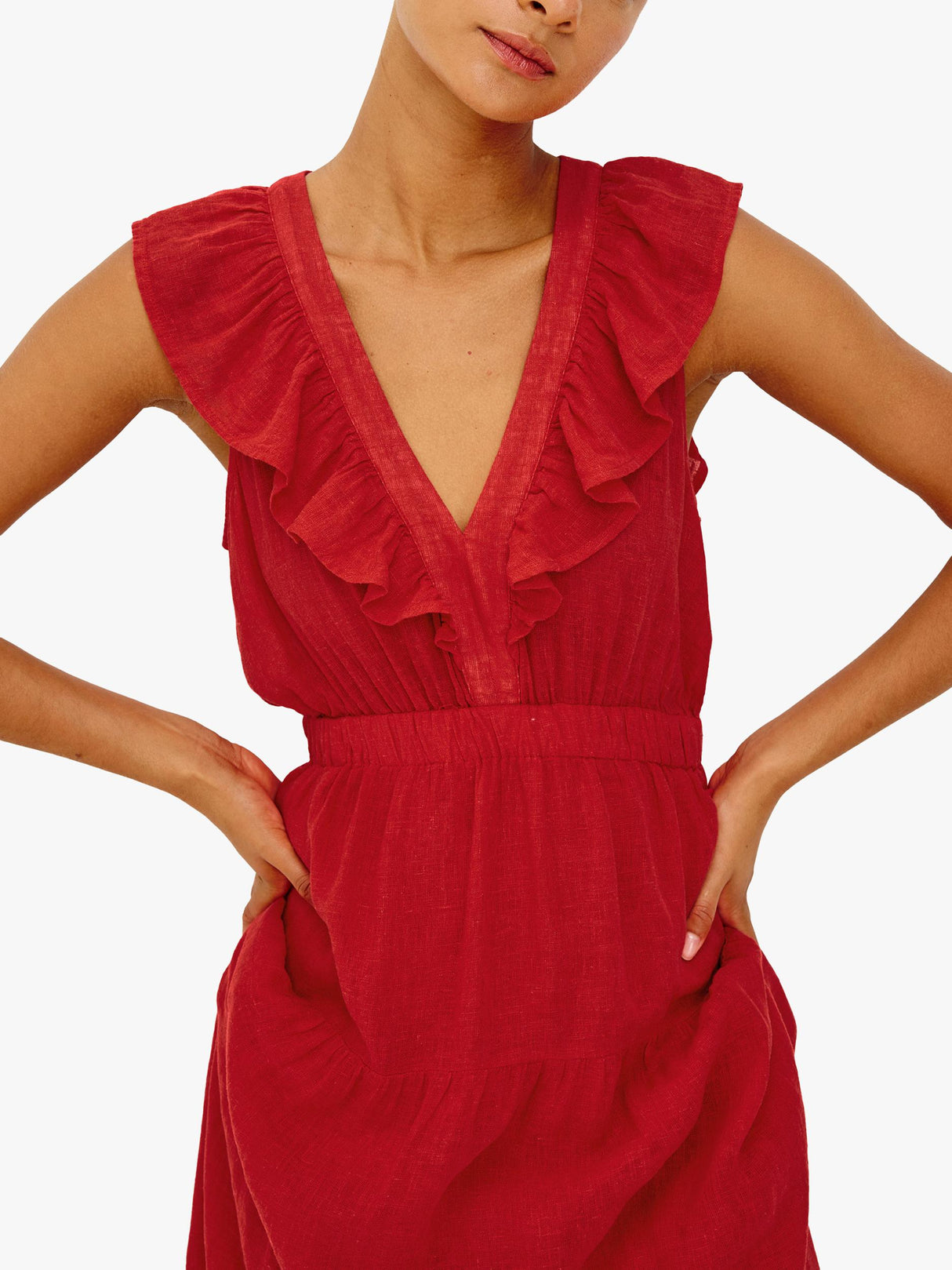 Rails Beaux Sleeveless Ruffle Neck Linen Blend Maxi Dress - Tomato - Large