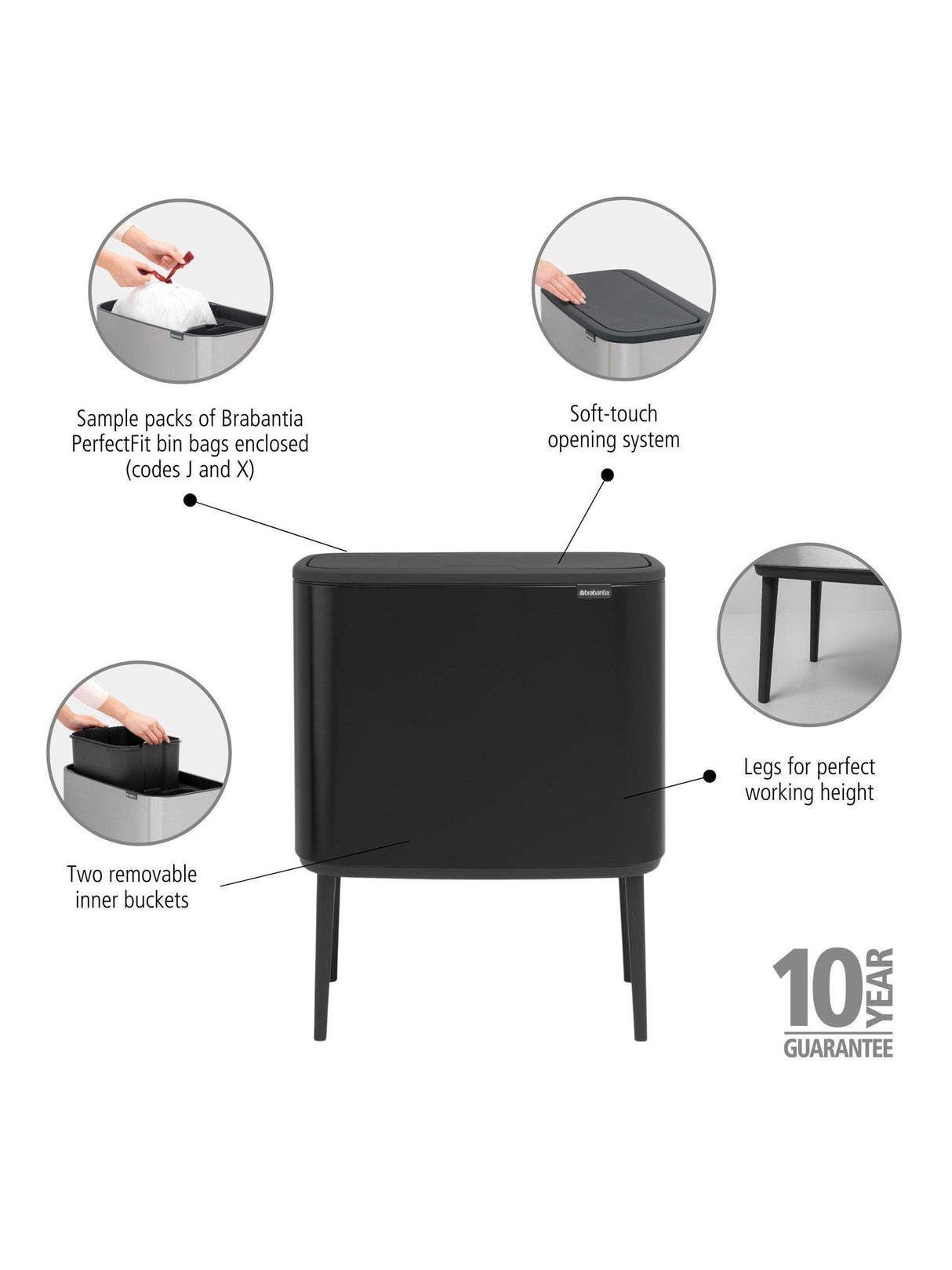 Brabantia Bo Touch Dual Recycling Bin With Inner Buckets - 11L + 23L - Black
