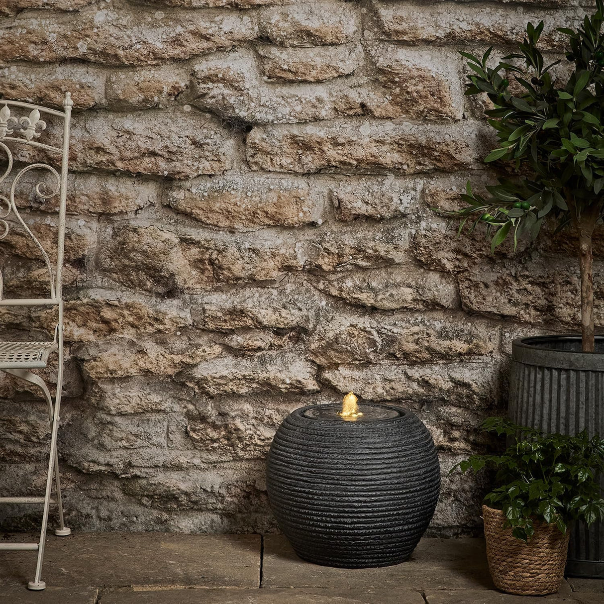 Kaemingk Outdoor Garden Decorative Stone Effect Sphere Water Feature - Black