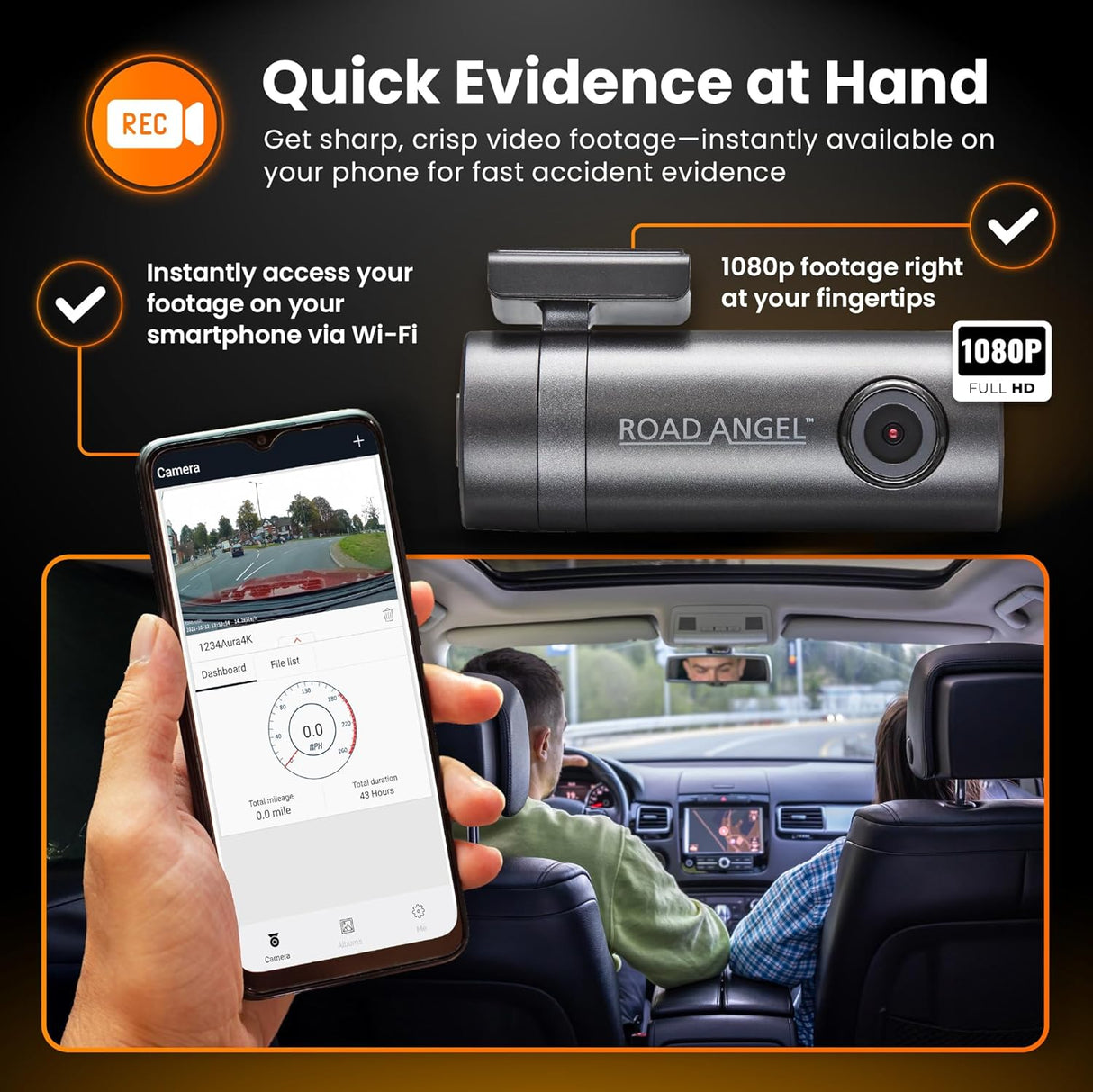 Road Angel Aura HD1 1080p Full HD 140 Degrees Wi-Fi Compact Dash Cam Black