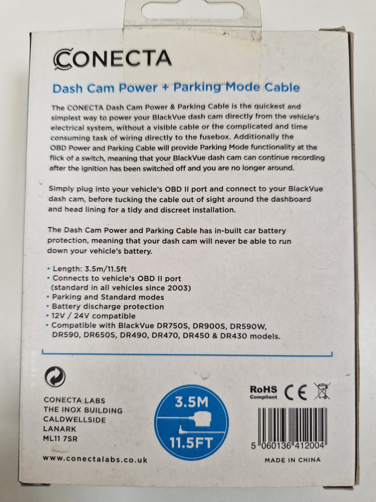 BlackVue Conecta OBD Power Parking Mode Cable For DR900S DR750S DR590W Black
