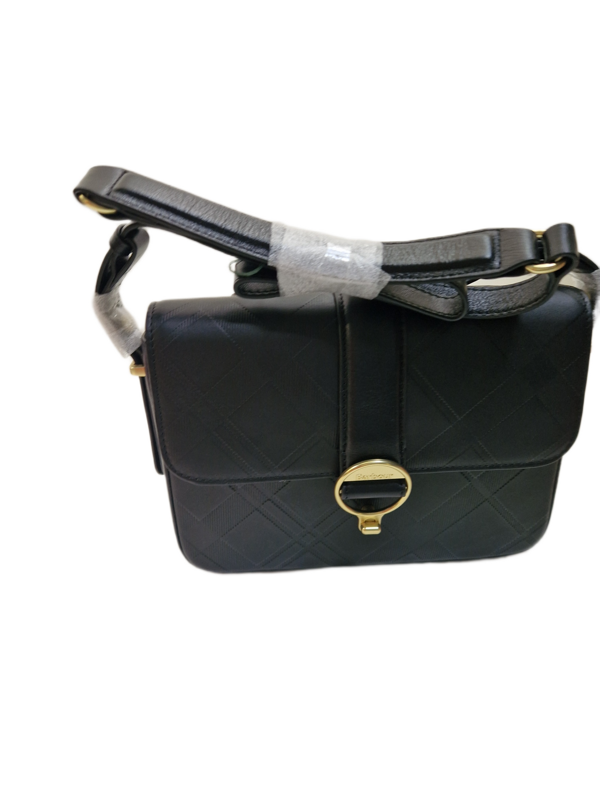 Barbour Rosa Leather Flap Over Adjustable Crossbody Bag Black/Deboss Tartan