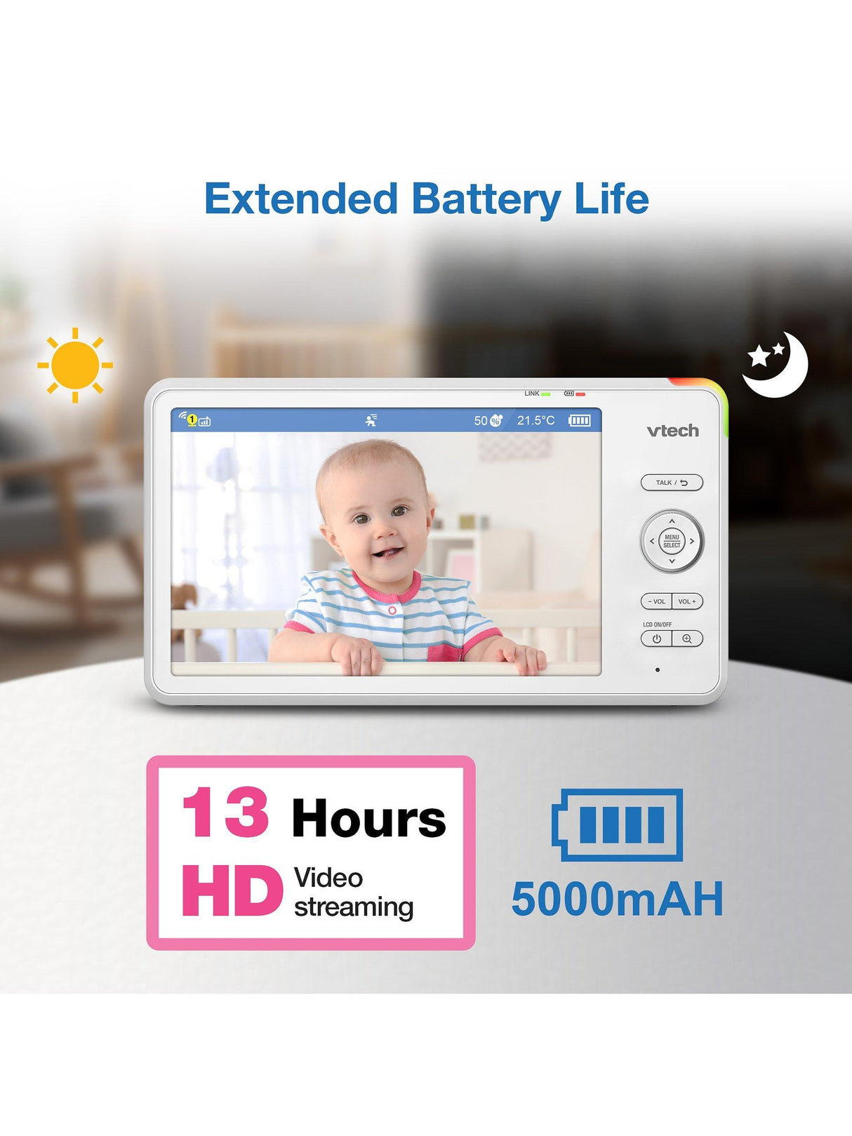 VTech RM7787HD 7 inch Over-The-Cot Wi-Fi Baby Monitor - Rechargeable Battery