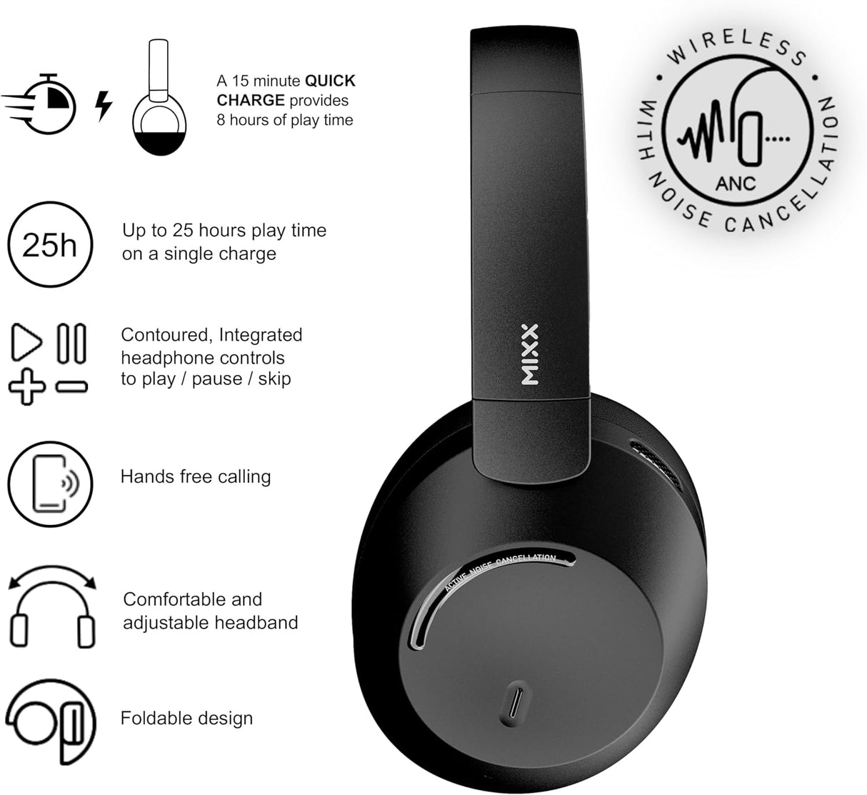 MIXX Audio StreamQ C4 ANC Over-Ear Wireless Noise Cancelling Headphone Black