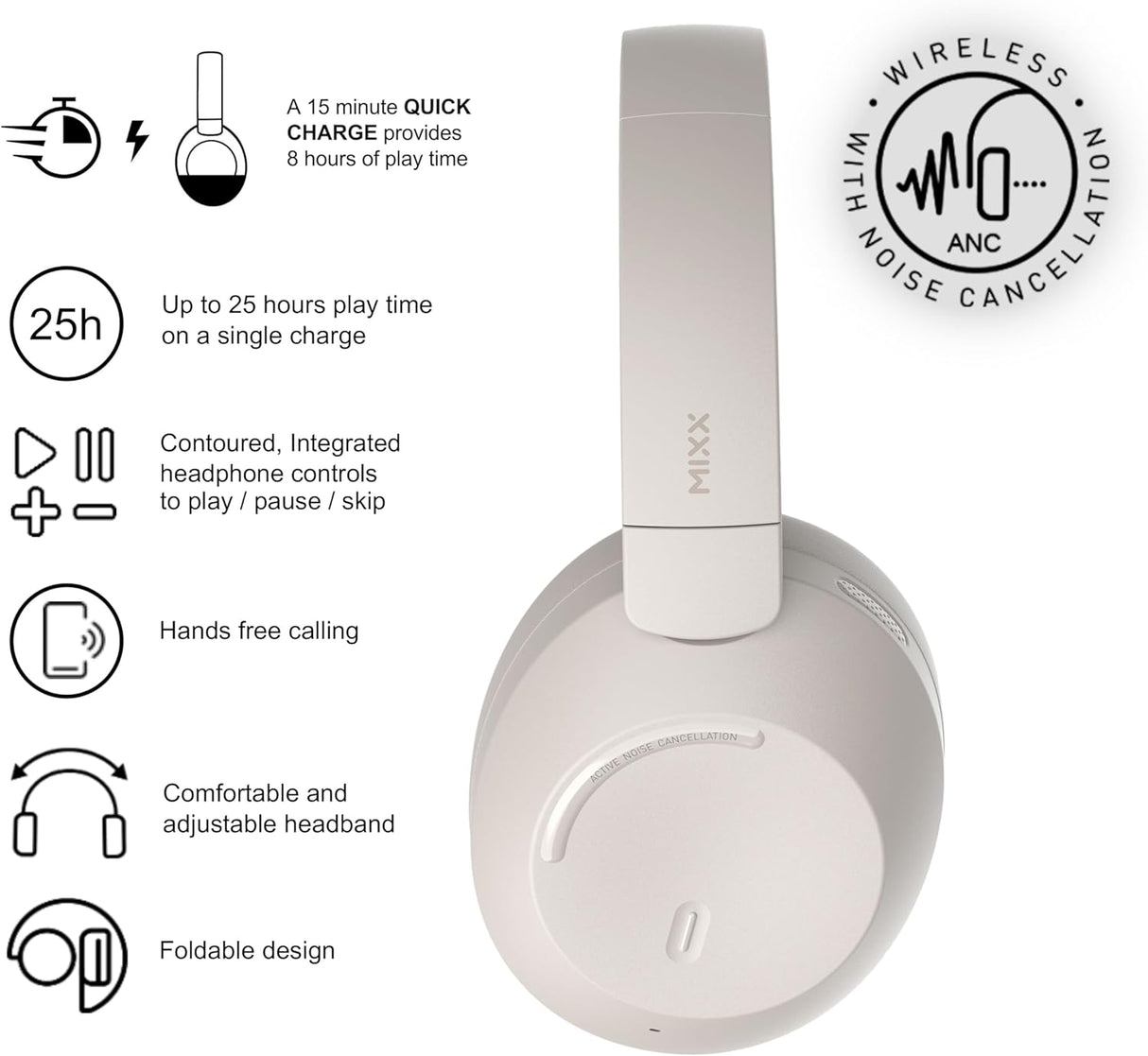 MIXX Audio StreamQ C4 ANC Over-Ear Wireless Noise Cancelling Headphones Sand