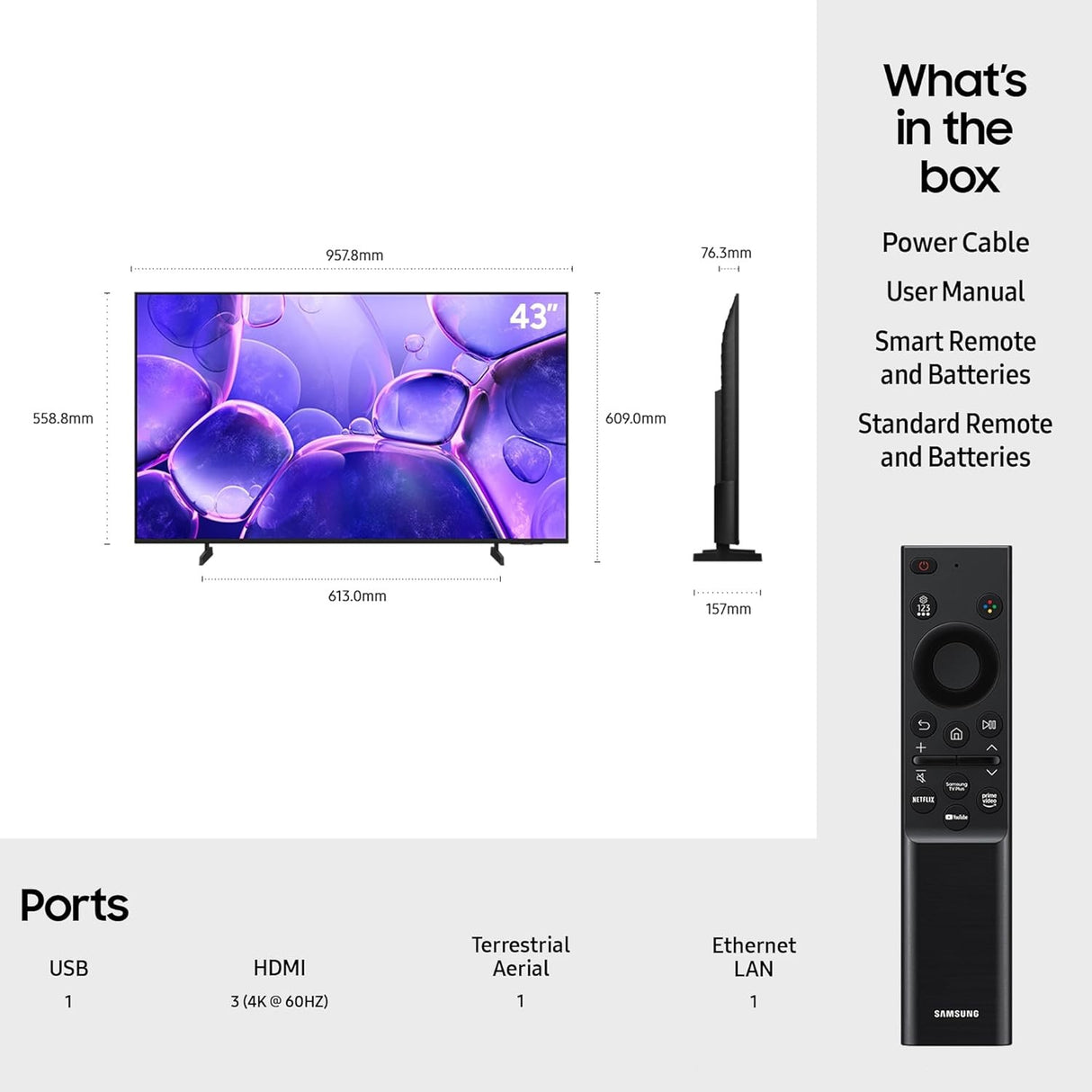 Samsung UE43U8000FKXXU 2025 43" Crystal Ultra HD 4K HDR Smart TV - Black