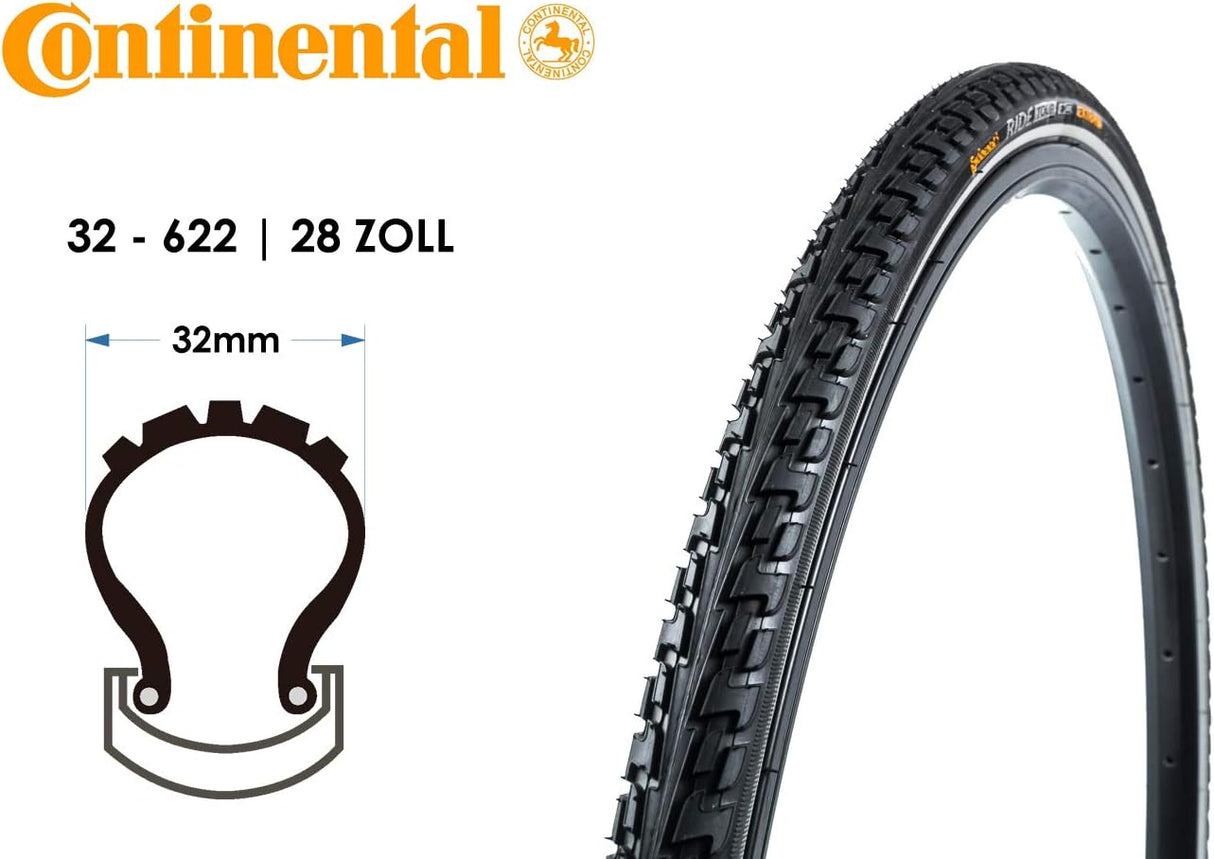 Continental Ride Tour 700x32C Reflective Wired City Touring Bike Tyre Black