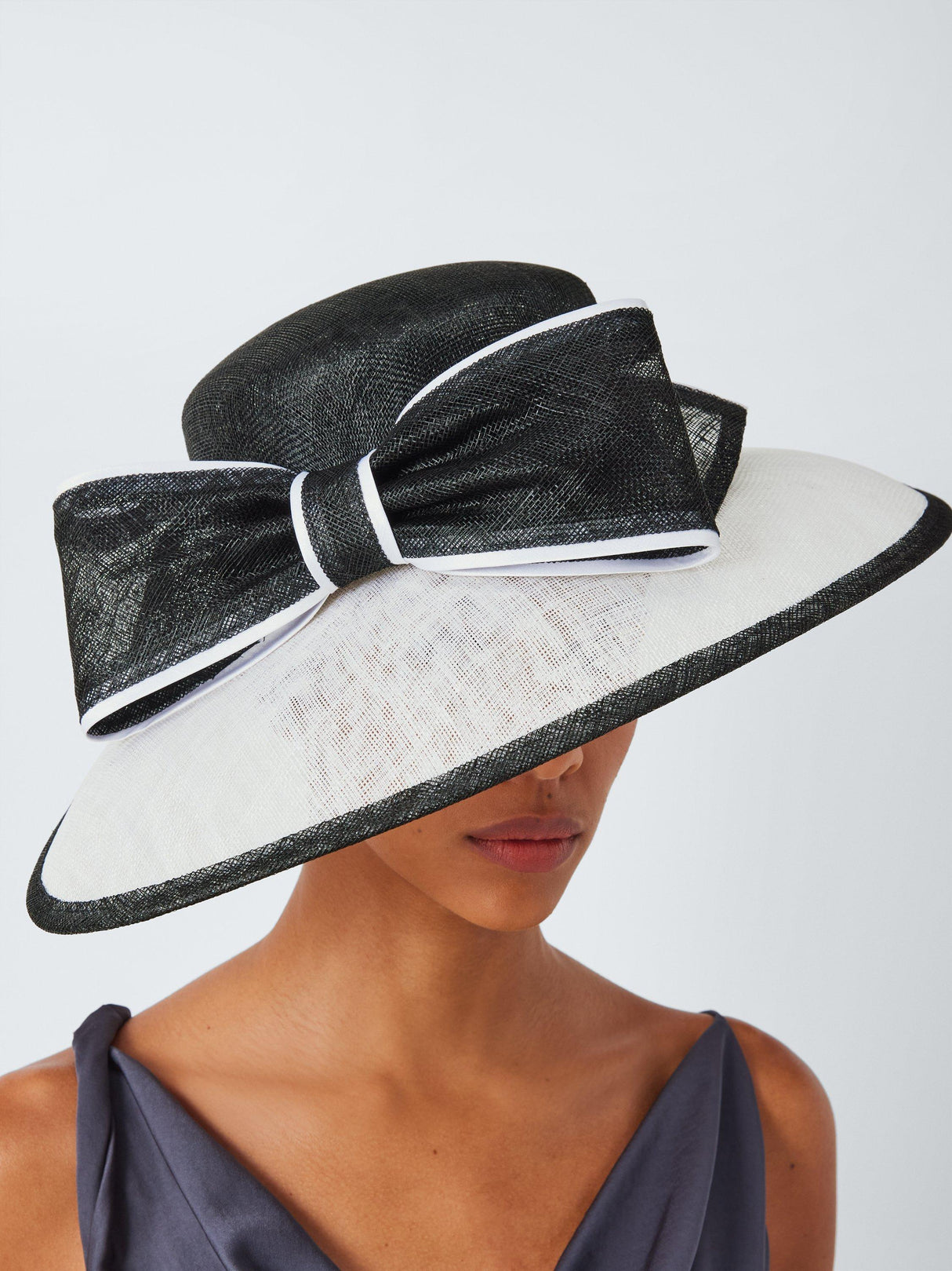 John Lewis Betty Wedding Asymmetric Woven Downturn Brim Bow Hat White/Black