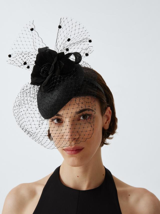 John Lewis Ambrose Race Day Wedding Floral Veil Beret Fascinator - Black