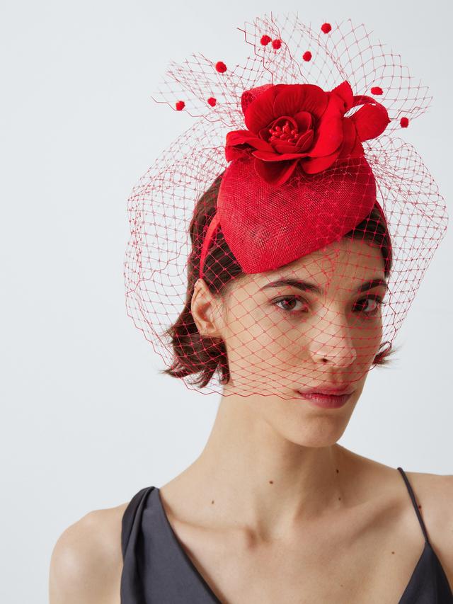 John Lewis Ambrose Wedding Race Day Abaca Beret Fascinator with Veil - Red
