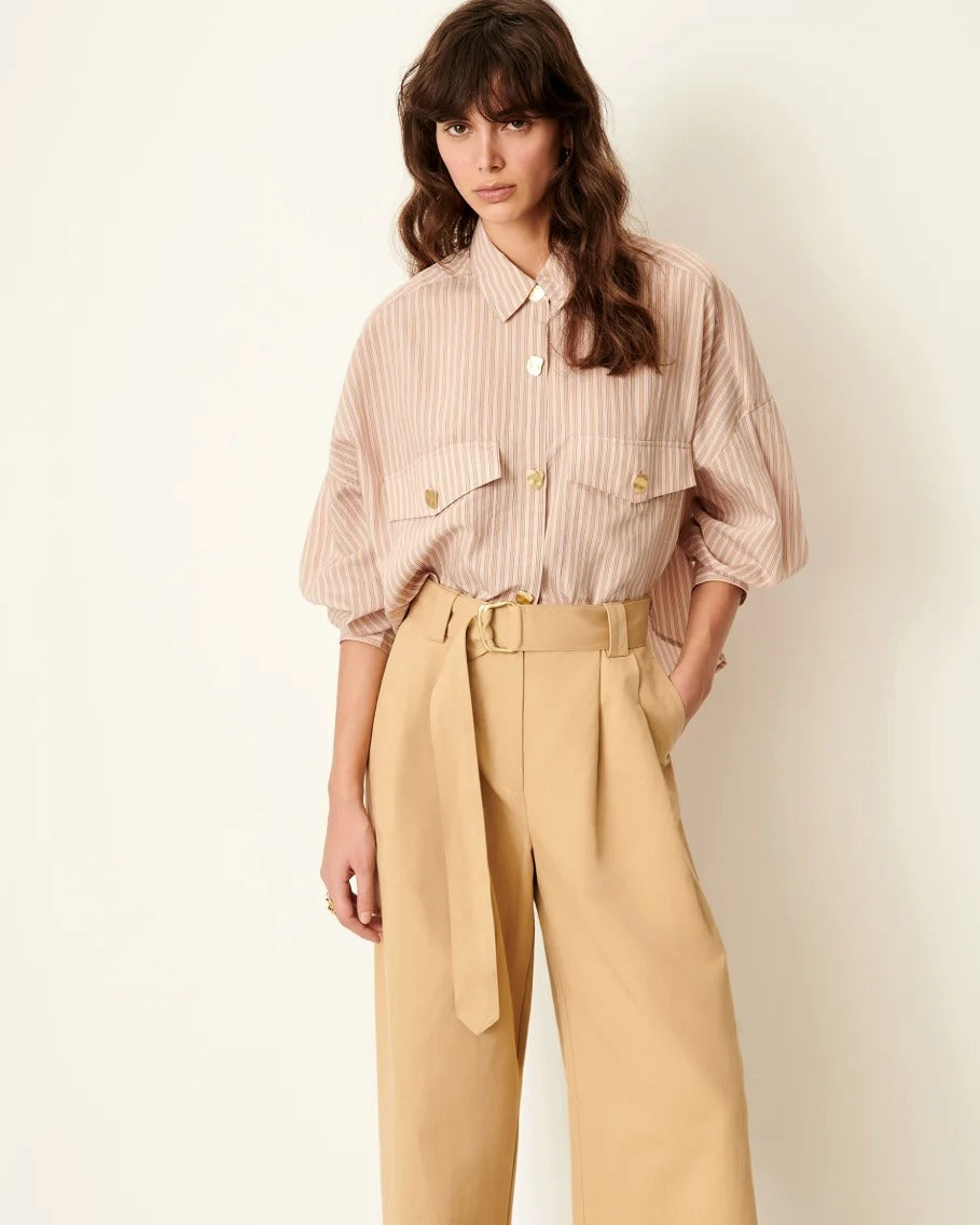 Sessun Balanca Cropped Patch Pockets Buttons Stripes Shirt - Rosasand - M