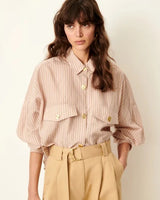 Sessun Balanca Cropped Patch Pockets Buttons Stripes Shirt - Rosasand - M