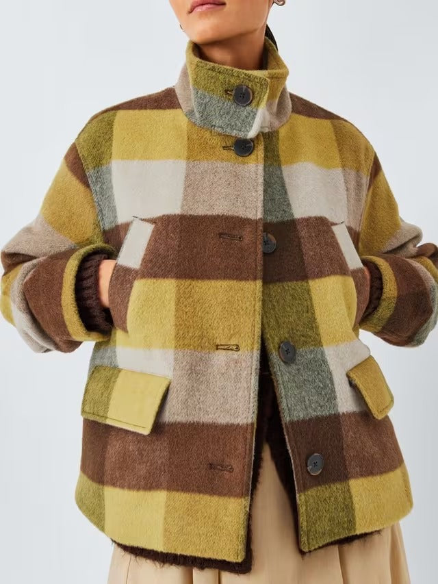AND/OR Women's Check Side Pocket Wool Blend Coat - Yellow/Brown - UK 16
