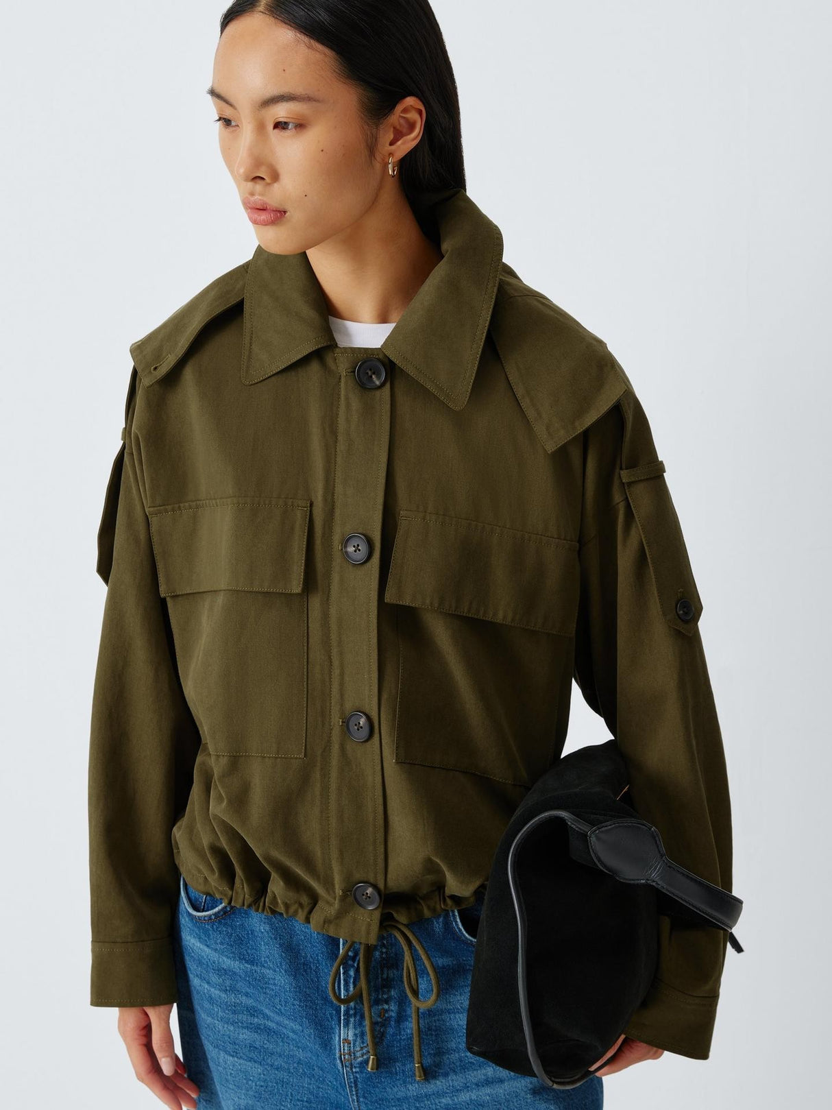 AND/OR Women's Boxy Trench Cotton Blend Short  Jacket - Khaki Green - UK 10
