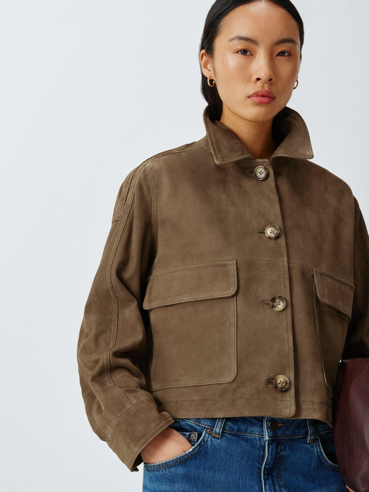AND/OR Womens Sofia Pure Suede Boxy Short Long Sleeve Jacket - Olive - UK 16