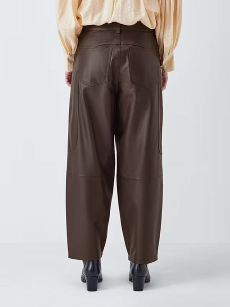 AND/OR Saddle Barrel Leg Mid Rise Pure Leather Trousers - Chocolate - UK 10