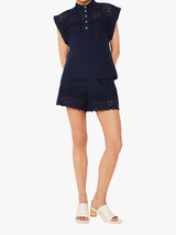 Suncoo Women Ludy Organic Cotton Embroidered Blouse with Buttons Navy Medium