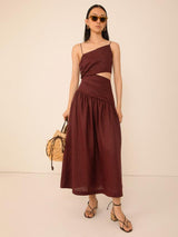 VIVERE Lore Asymmetric Sleeveless Regular Linen Midi Dress - Brown UK 14