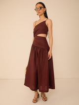 VIVERE Lore Asymmetric Sleeveless Regular Linen Midi Dress - Brown UK 14