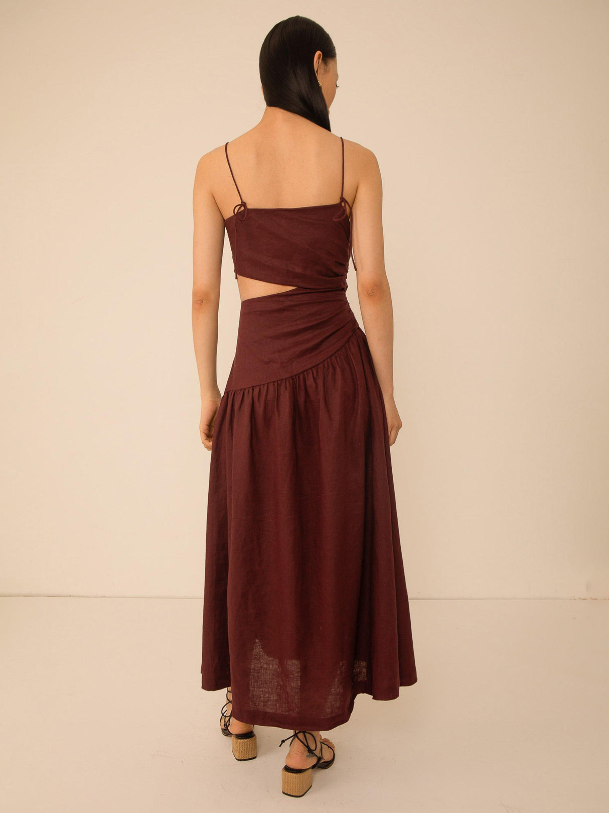VIVERE Lore Asymmetric Sleeveless Regular Linen Midi Dress - Brown UK 14