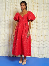 Sister Jane Maria Floral Jacquard Midium V-Neck Open Back Dress Red Size 8