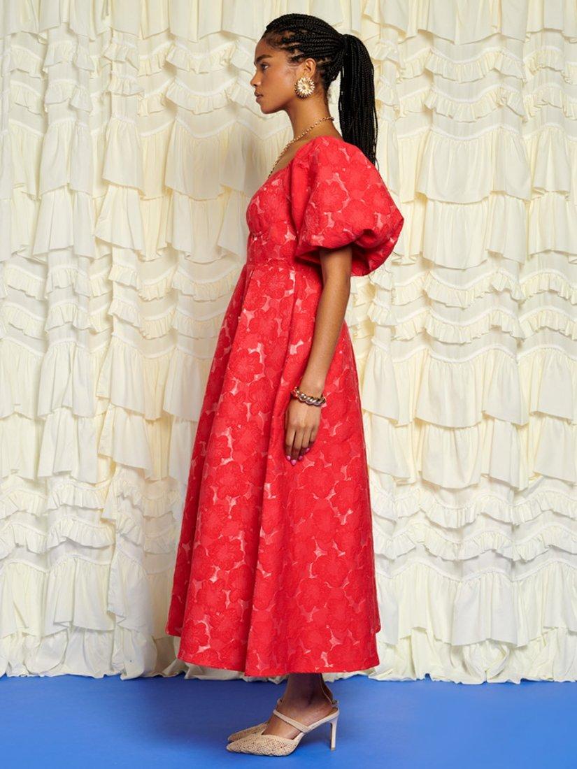 Sister Jane Maria Floral Jacquard Midium V-Neck Open Back Dress Red Size 8