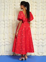 Sister Jane Maria Floral Jacquard Midium V-Neck Open Back Dress Red Size 8