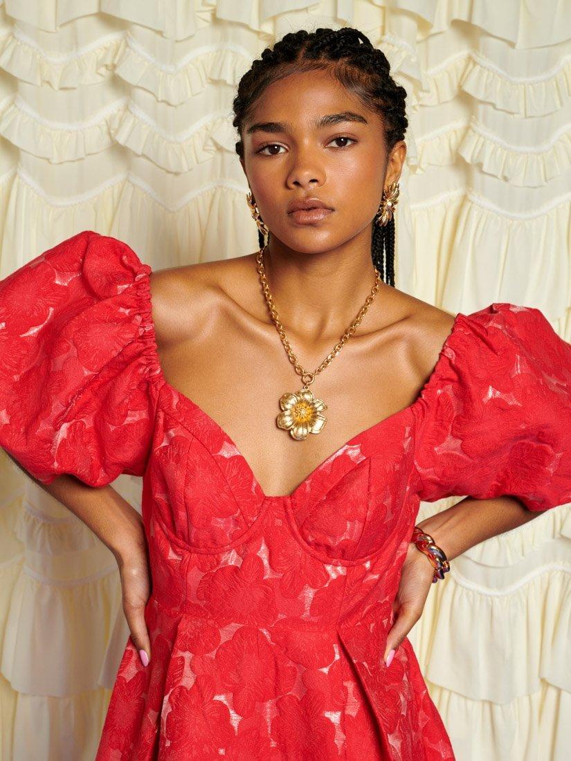 Sister Jane Maria Floral Jacquard Midium V-Neck Open Back Dress Red Size 8