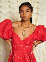 Sister Jane Maria Floral Jacquard Midium V-Neck Open Back Dress Red Size 8