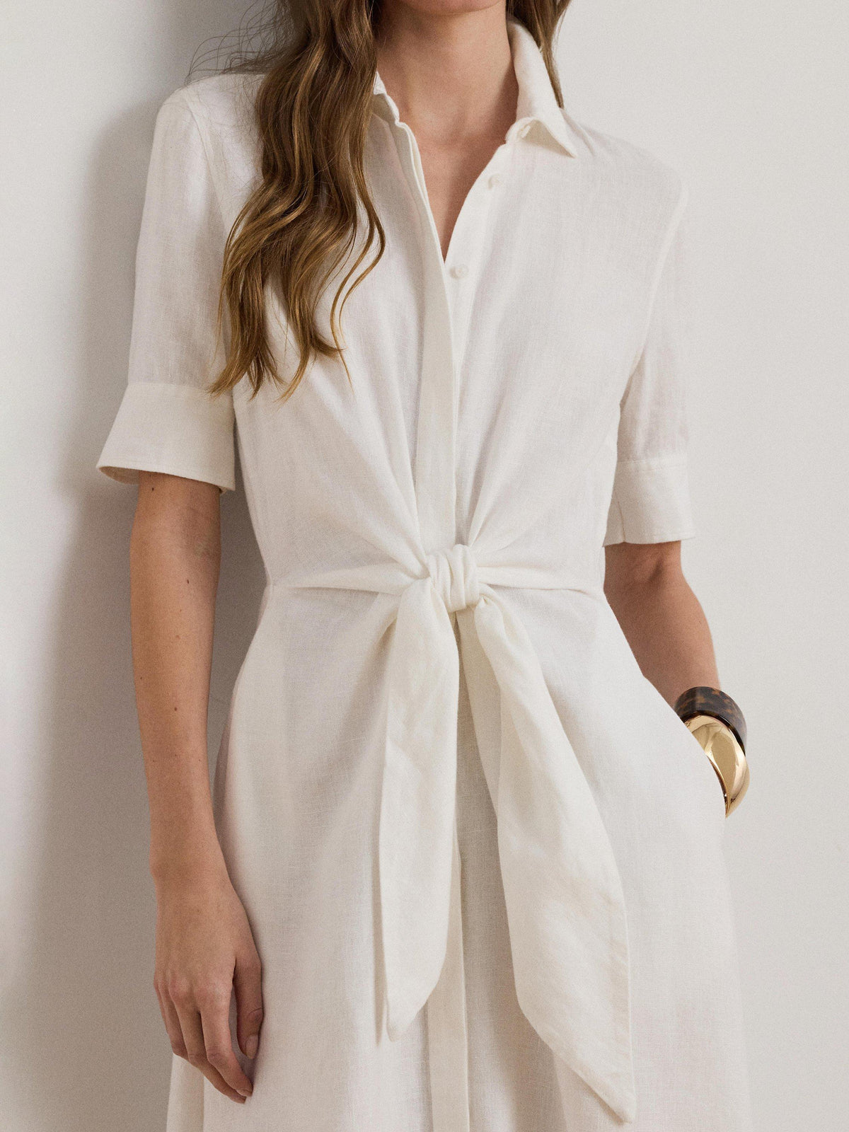 Lauren Ralph Lauren Wakana Linen Short Sleeve Midi Shirt Dress UK 14 - White