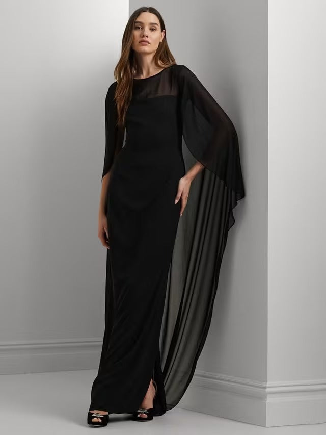 Ralph Lauren Lavati Cape Georgette Women's Gown Maxi Dress - Black - UK 16